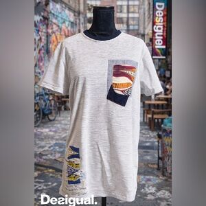 Desigual Striped Patchwork Pocket Tee Men’s XL Graphic Art Shirt Boho Streetwear